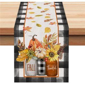 Fall Table Runner Thanksgiving Decor Farmhouse Cottage Decoration Pumpkin Plaid